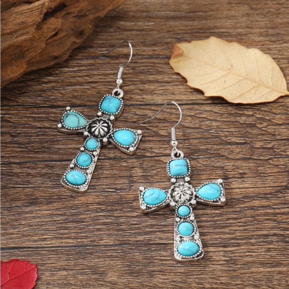 Turquoise Cross Dangle Earrings - Picture 2 of 4